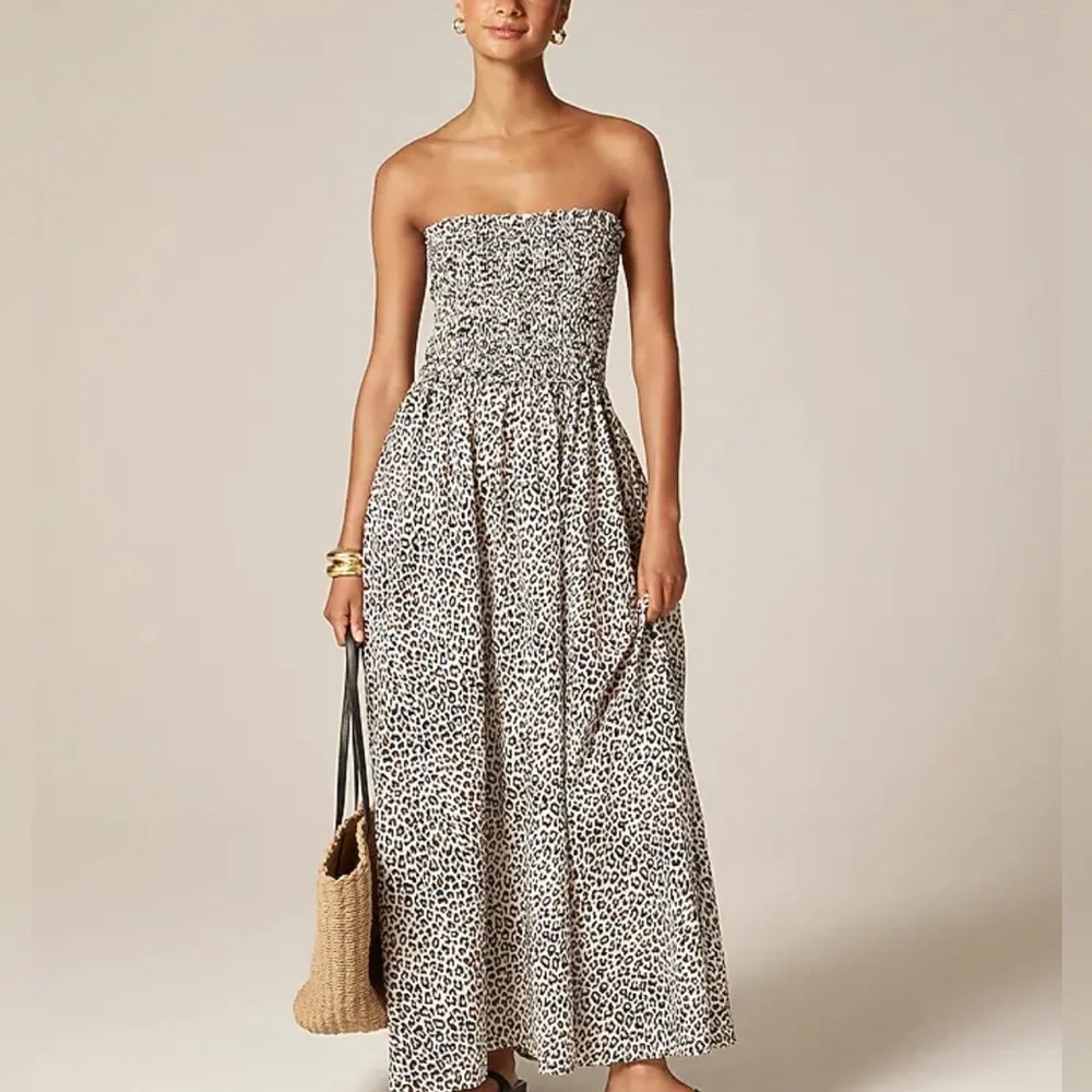 J Crew Smocked Maxi Dress NWT Cotton Voile Black Brown Leopard Print XL